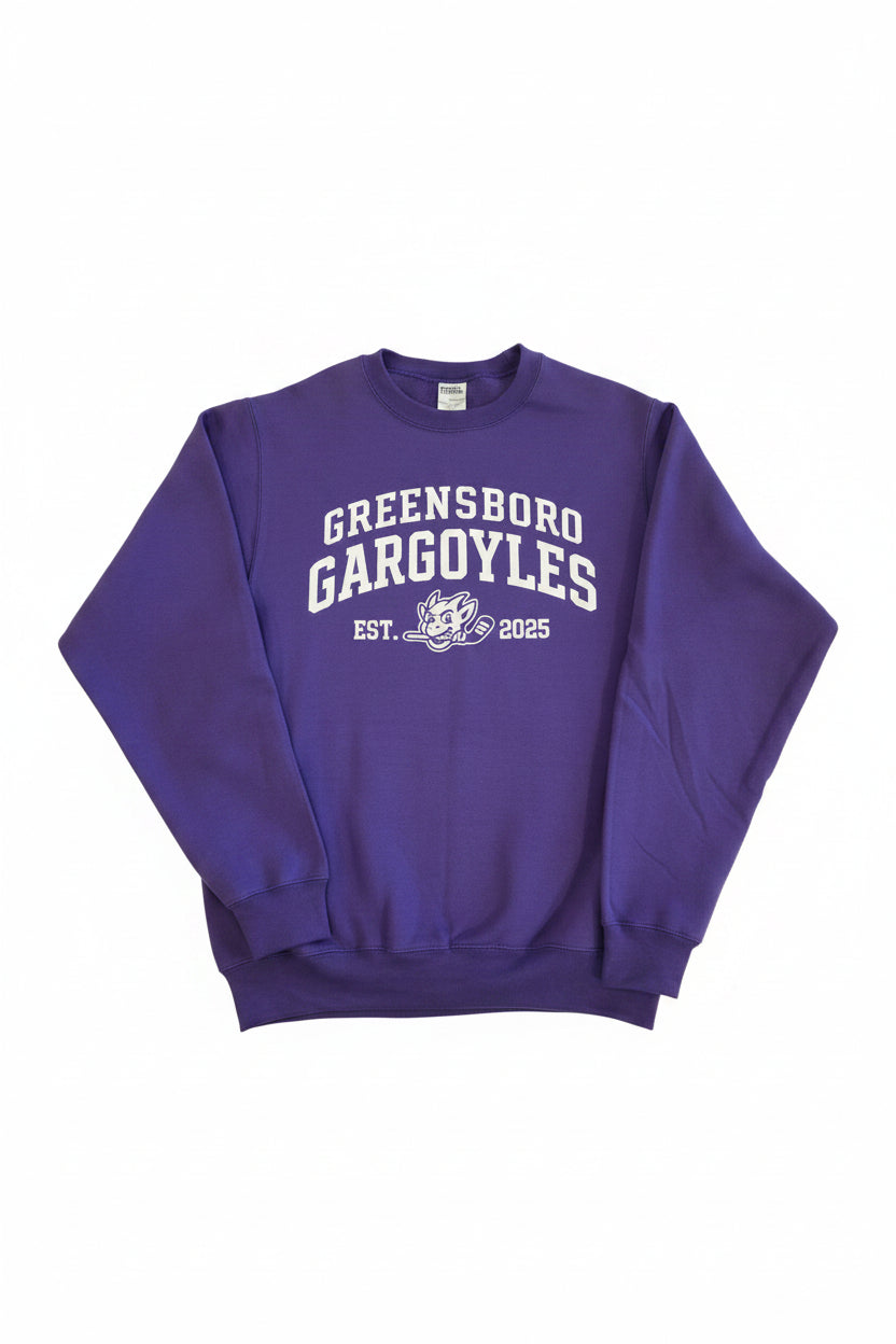 Purple sweatshirt with 'Greensboro Gargoyles' text on a black surface