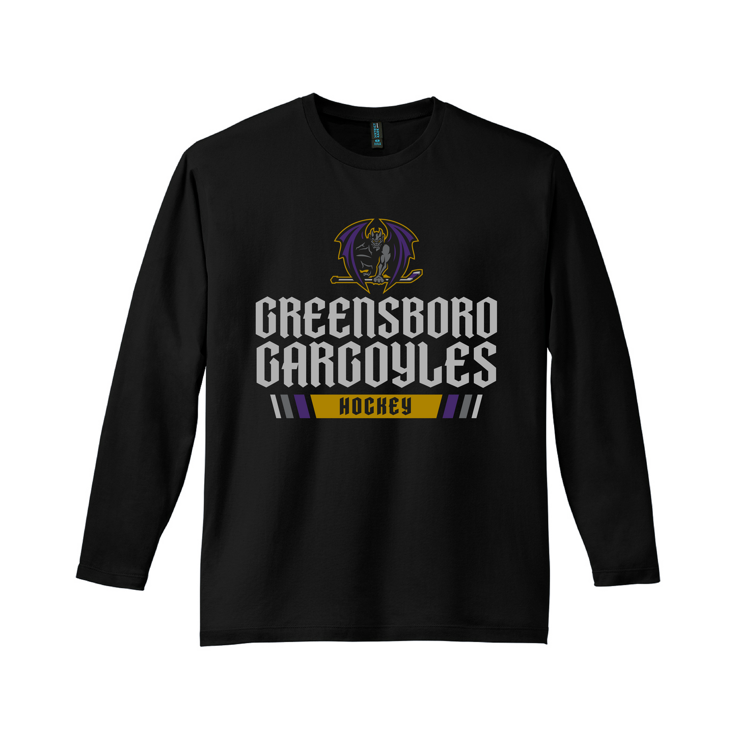 Greensboro Gargoyles District Black Long Sleeve Tee with Banner Stripe Graphic